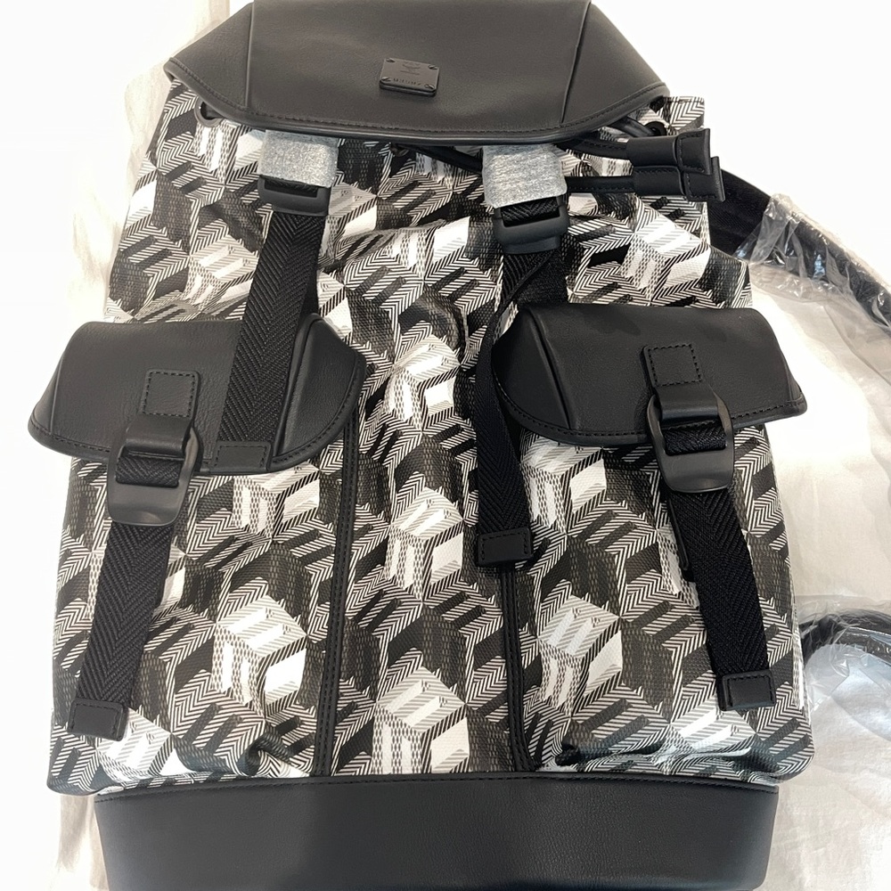 MCM BRANDENBURG BLACK WHITE CUBIC MONOGRAM BACKPACK MMKBACK07BW00